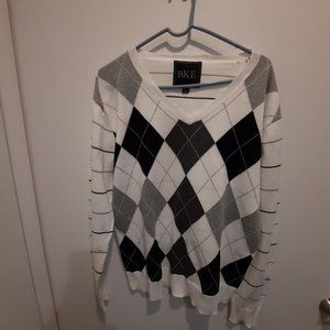 BKE Buckle Men XL White Black Gray Argyle Sweater V Neck Pullover Cotton